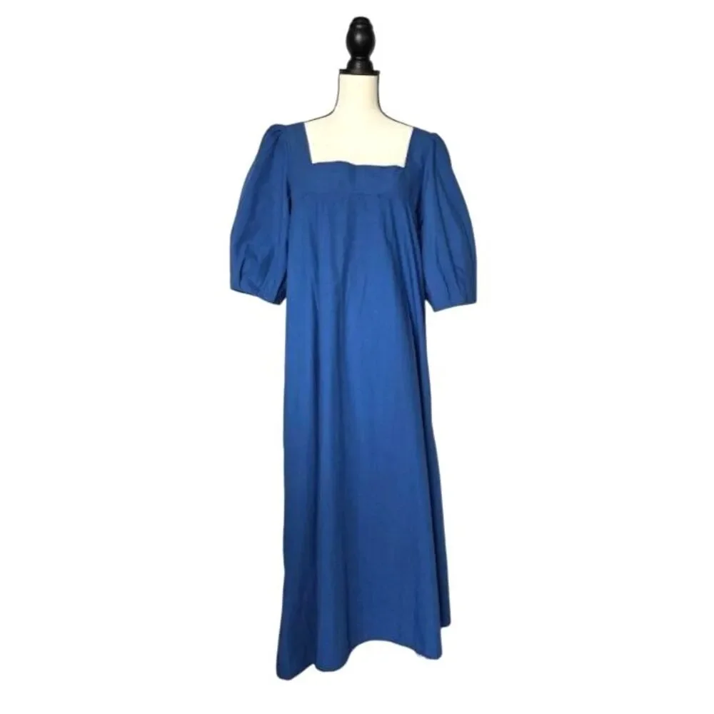 Hunter Bell Waverly Maxi Dress Womens Blue Poplin Cotton Size L Puff Sleeves - Picture 2 of 7